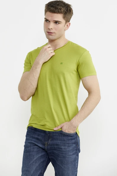 V Yaka Basic Kısa Kol Tişört - Yeşil - Resim 4