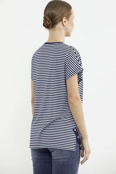 Çizgili V Yaka Payetli Tişört - Lacivert - Resim 6