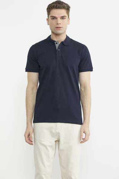Detaylı Polo Yaka Kısa Kol Tişört - Lacivert - Resim 3