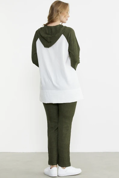 Keten Görünümlü Kapüşonlu Tunik Takım - Haki - Resim 6