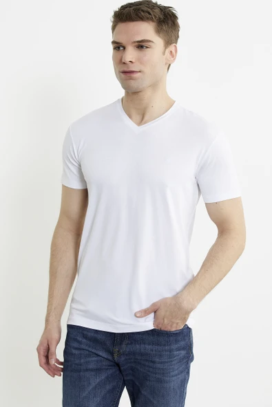 V Yaka Basic Kısa Kol Tişört - Beyaz - Resim 3