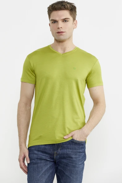 V Yaka Basic Kısa Kol Tişört - Yeşil ürün görseli