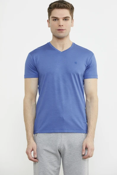 V Yaka Basic Kısa Kol Tişört - Saks ürün görseli 1