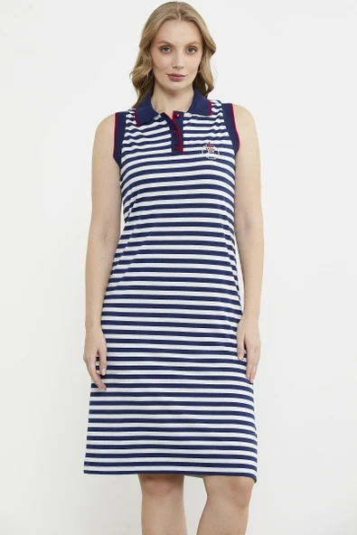 Polo Yaka Marine Çizgili Elbise - Lacivert - 4