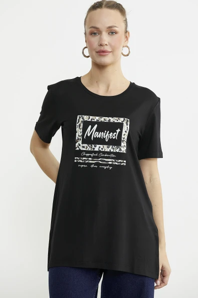 Baskılı Bisiklet Yaka Tunik Tişört - Siyah ürün görseli 1