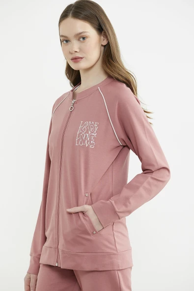 Biye Detaylı Fermuarlı Eşofman Takım - Gül - Resim 4