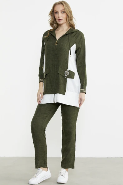 Keten Görünümlü Kapüşonlu Tunik Takım - Haki - Resim 4