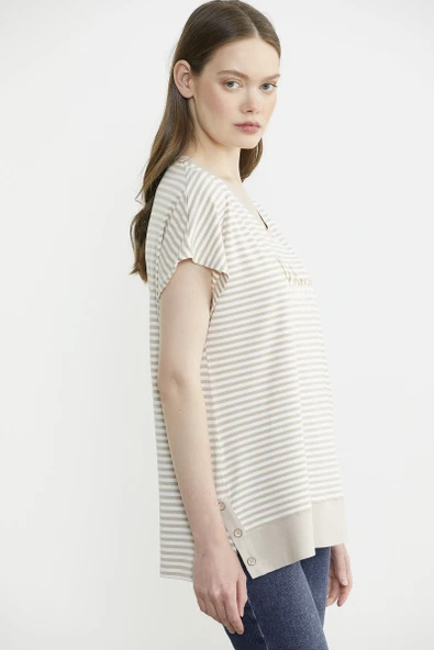 Çizgili V Yaka Payetli Tişört - Kahve - Resim 3