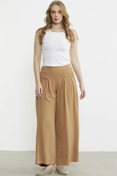 Volanlı Bol Kesim Krep Pantolon - Bej - Resim 3