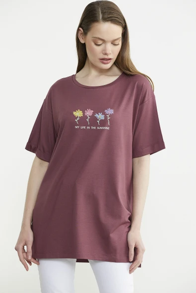 Çiçek Baskılı Bisiklet Yaka Tişört - Bordo - Resim 3