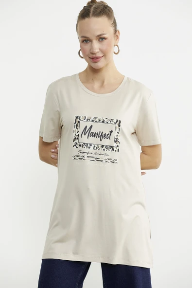 Baskılı Bisiklet Yaka Tunik Tişört - Taş - Resim 3