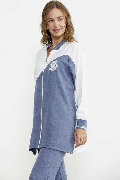 Fermuar Kapamalı Nakışlı Tunik Takım - Indigo - Resim 3