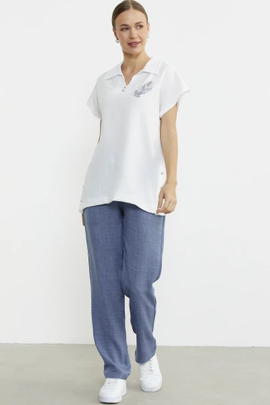 Polo Yaka Keten Görüntülü Takım - Indigo - Resim 2