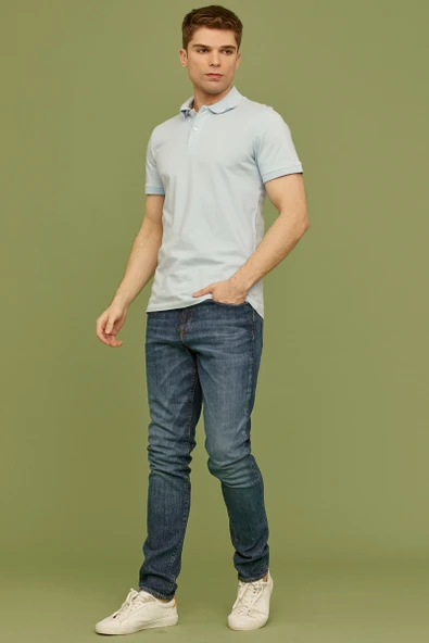 Detaylı Polo Yaka Kısa Kol Tişört - Açık Mavi - Resim 4