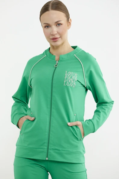 Biye Detaylı Fermuarlı Eşofman Takım - Yeşil - Resim 4