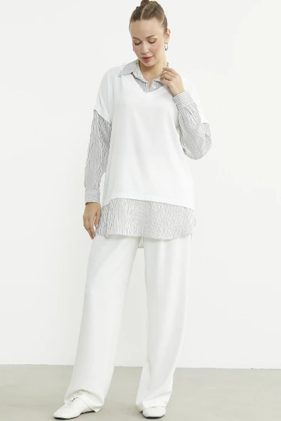 Bluz Kombinli Oversize Gömlek - Siyah - Resim 3