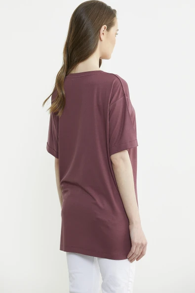 Çiçek Baskılı Bisiklet Yaka Tişört - Bordo - Resim 5