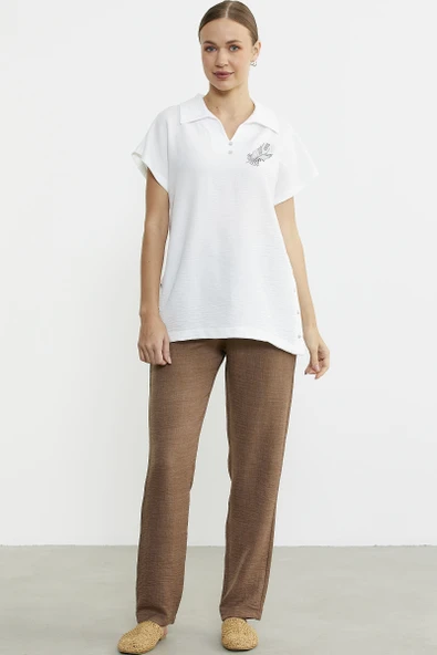 Polo Yaka Keten Görüntülü Takım - Kahve ürün görseli