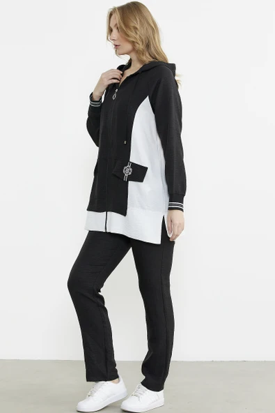 Keten Görünümlü Kapüşonlu Tunik Takım - Siyah - Resim 5