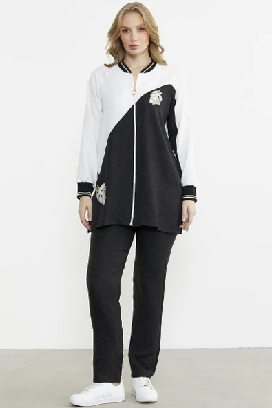 Fermuar Kapamalı Nakışlı Tunik Takım - Siyah - Resim 3