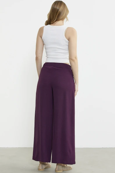 Volanlı Bol Kesim Krep Pantolon - Mor - 6