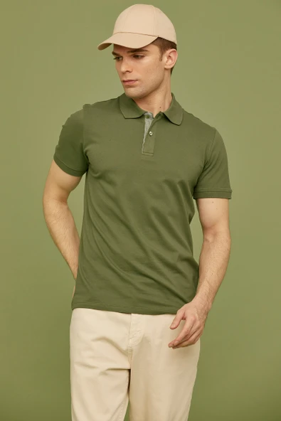 Detaylı Polo Yaka Kısa Kol Tişört - Açık Yeşil - Resim 3
