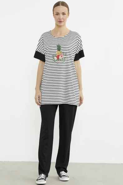 Büyük Beden  Baskılı Penye Tunik Takım - Siyah ürün görseli