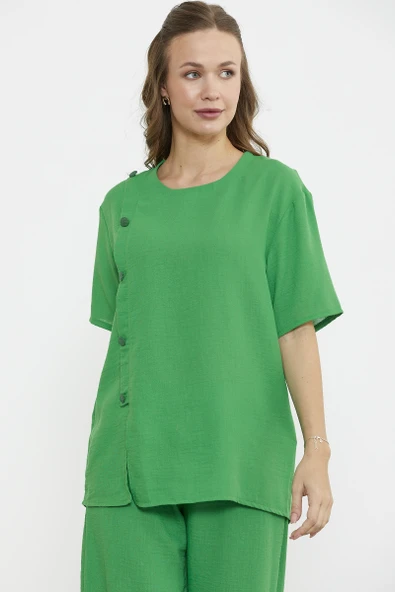 Düğme Detaylı Keten Görünümlü Rahat Takım - Yeşil - Resim 2
