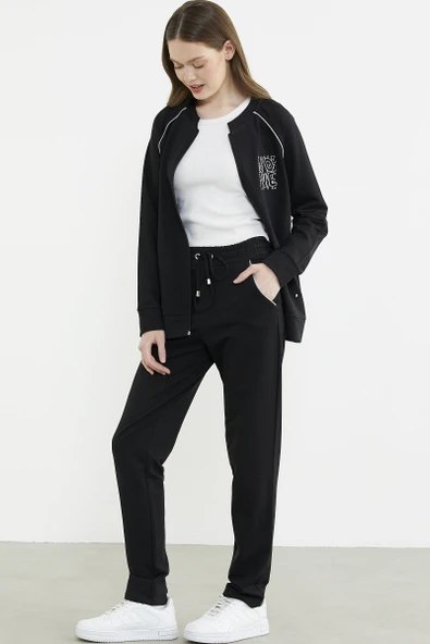 Biye Detaylı Fermuarlı Eşofman Takım - Siyah - Resim 3