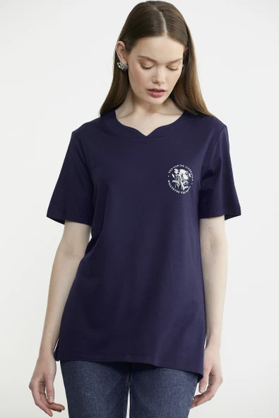 Bisiklet Yaka Baskılı Dökümlü Tişört - Lacivert - Resim 4