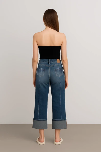 Kadın Yüksek Bel Paçası Katlı Relaxed Fit Mavi Jean Pantolon - 2