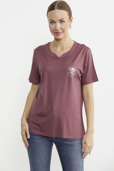 Bisiklet Yaka Baskılı Dökümlü Tişört - Gül ürün görseli 1