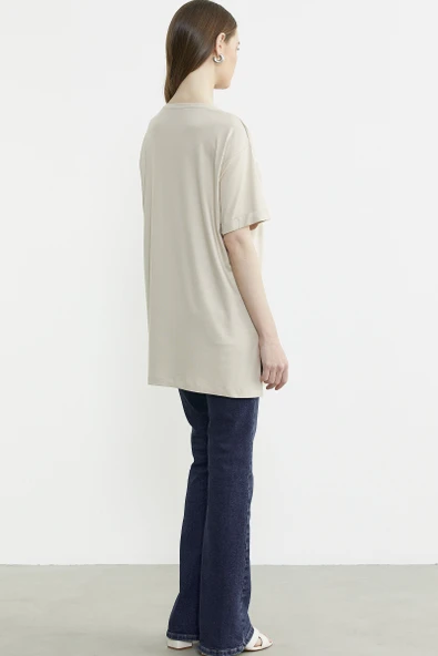 Çiçek Baskılı Bisiklet Yaka Tişört - Taş - Resim 5