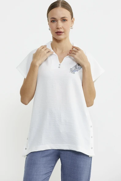 Polo Yaka Keten Görüntülü Takım - Indigo - Resim 3