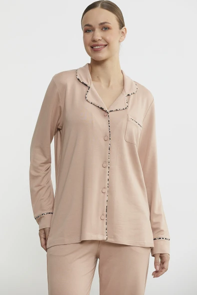 Düz Renk Gömlek Model Pijama Takım - Somon - 4