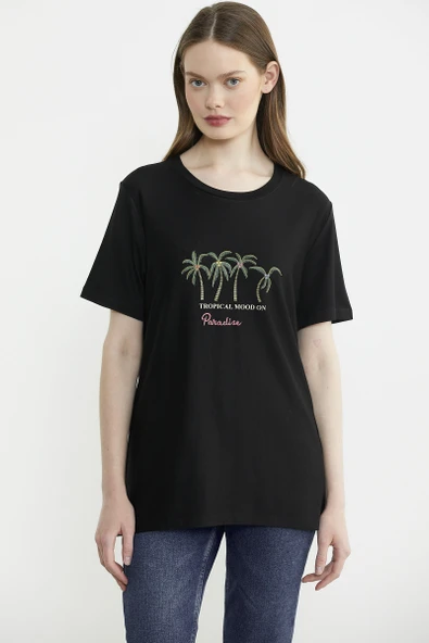 Egzotik Baskılı Rahat Kalıp Tişört - Siyah - Resim 3