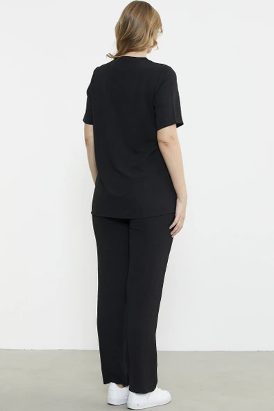Sıfır Yaka Düğmeli Viskon Takım - Siyah - Resim 6