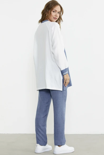 Fermuar Kapamalı Nakışlı Tunik Takım - Indigo - Resim 5