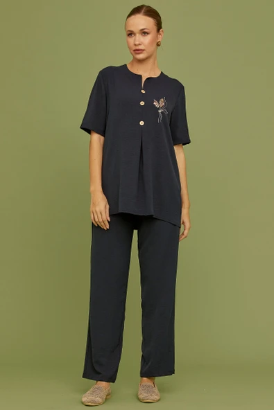 Sıfır Yaka Düğmeli Viskon Takım - Lacivert - Resim 3