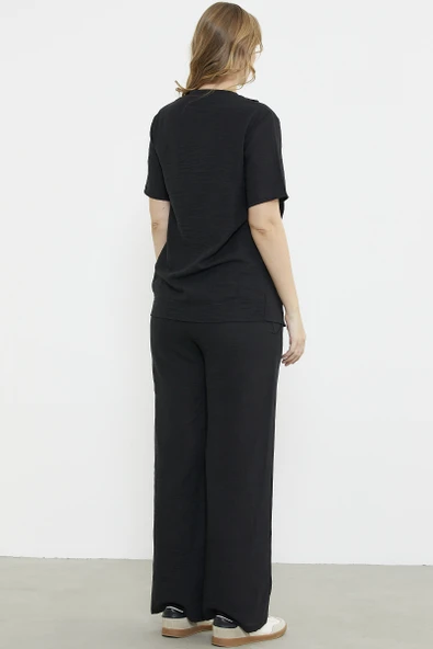 Düğme Detaylı Keten Görünümlü Rahat Takım - Siyah - Resim 6