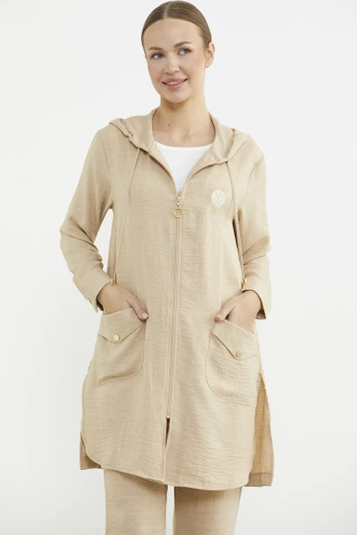 Büyük Beden Keten Görünümlü Üçlü Takım - Bej - Resim 3