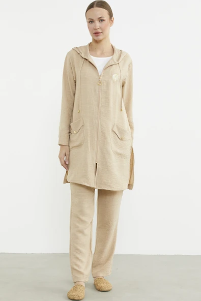 Büyük Beden Keten Görünümlü Üçlü Takım - Bej - Resim 4