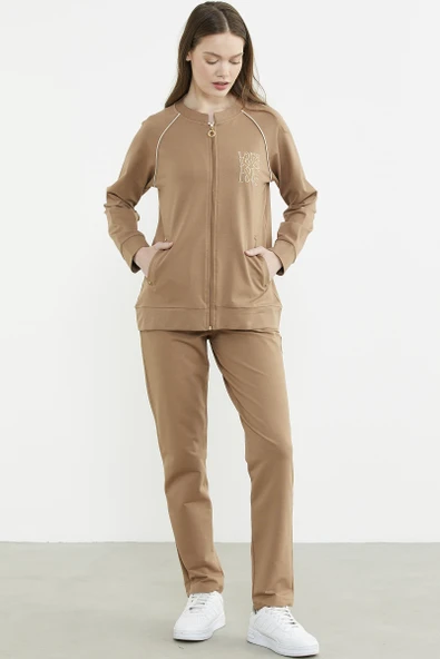 Biye Detaylı Fermuarlı Eşofman Takım - Kamel - Resim 2