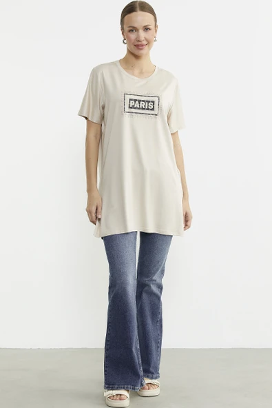 Büyük Beden Baskılı Uzun Tunik Tişört - Taş - 3