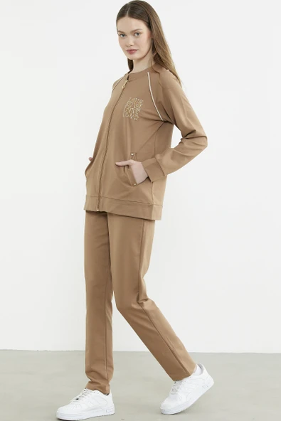 Biye Detaylı Fermuarlı Eşofman Takım - Kamel - Resim 5