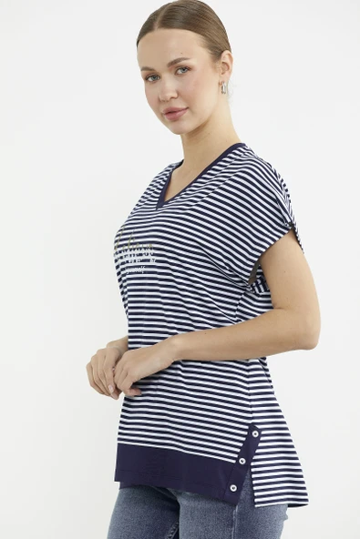 Çizgili V Yaka Payetli Tişört - Lacivert - Resim 5