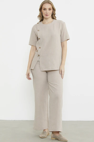 Düğme Detaylı Keten Görünümlü Rahat Takım - Taş ürün görseli