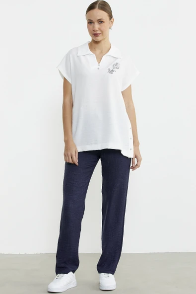 Polo Yaka Keten Görüntülü Takım - Lacivert ürün görseli