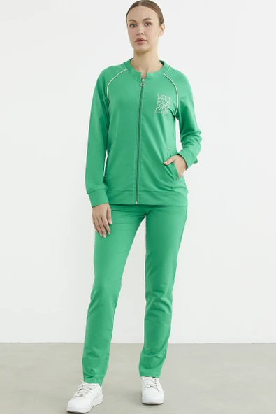 Biye Detaylı Fermuarlı Eşofman Takım - Yeşil