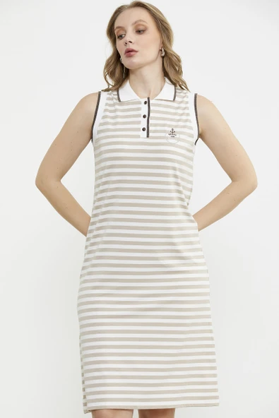 Polo Yaka Marine Çizgili Elbise - Kahve - Resim 4